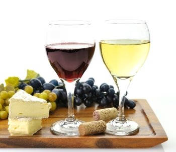 Red And White Wine Glasses with  Grape And Cheese