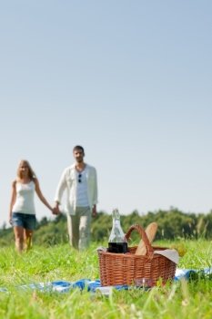 Picnic basket - Romantic happy couple in meadows nature sunny day