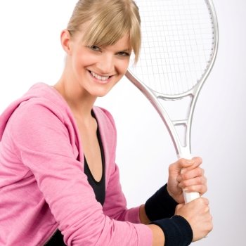 Tennis player woman young smiling serving racket isolated