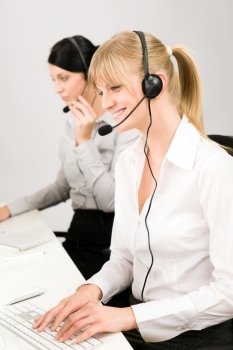 Customer service team woman call center smiling operator phone headset