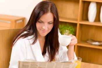 Breakfast coffee and toast happy woman  in home bathrobe