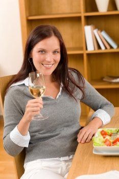 Healthy lunch at home attractive woman  drink glass white wine