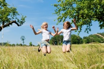 Happy children in a meadow in summer jumping high