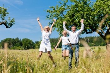 Happy family with child jumping in a meadow in summer
