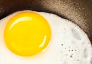 Photo of fried eggs close up, breakfast