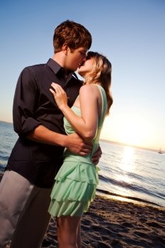 A romantic caucasian couple in love on the beach