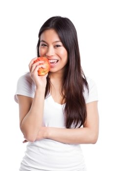 An isolated shot of a beautiful asian woman eating an apple