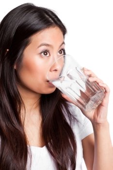 An isolated shot of a beautiful asian woman drinking water