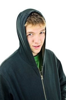 Portrait of smiling young man wearing hoodie isolated on white background