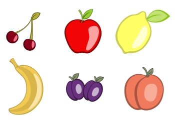 Vector illustration of funny, cute fruit icons. Includes cherry, apple, lemon, banana, plum and apricot.