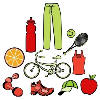 Vector illustration of woman accessories set related to healthy life style.