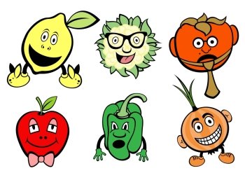 Vector illustration of funny, cute fruits and vegetable icons set.