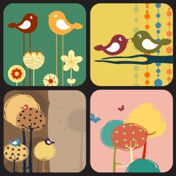 Vector Illustration of style design greeting cards with retro-style birds and trees