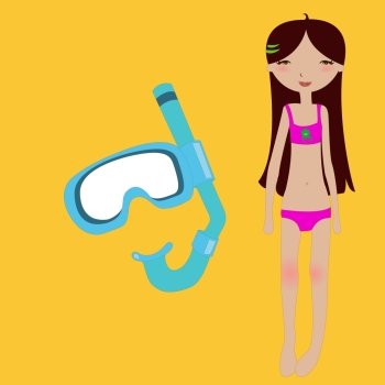 Vector Illustration of funny summer background  with the little girl and snorkel mask.