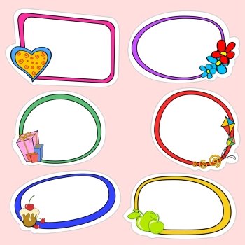 Vector illustration of cute retro frames on stickers style with funny elements