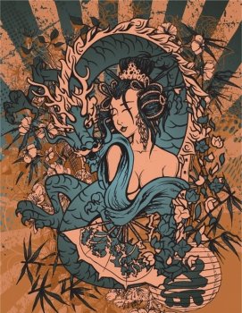 vector japanese grunge background with geisha