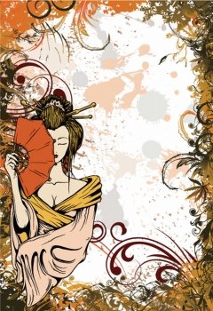 vector japanese grunge floral background with geisha