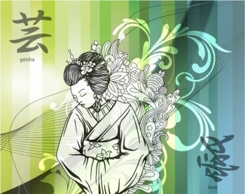 vector japanese illustration with geisha