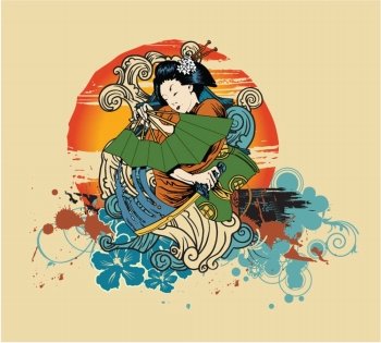 vector japanese t-shirt design with geisha
