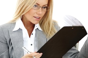 business woman hold a folder of papers  and write