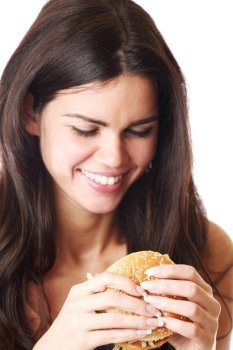 woman eat burger isolated on white background