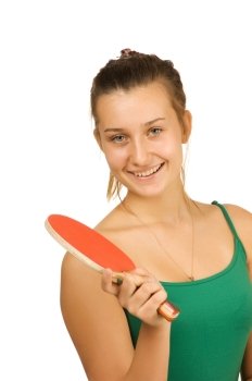 young girl with a racket ping-pong isolated on white