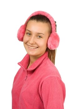 happy girl teen in pink headphones  isolated on white