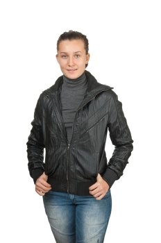 happy young girl in a black leather jacket  isolated on white