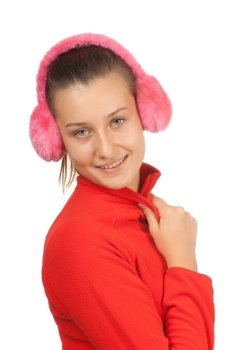 happy girl teen in pink headphones  isolated on white