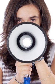 Teenager speaking through a megaphone over white background
