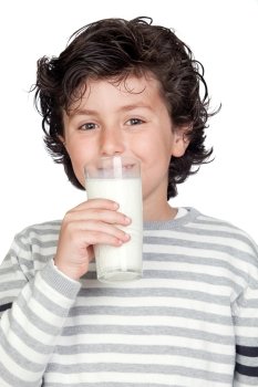 Beautiful child with glass of milk isolated on white background