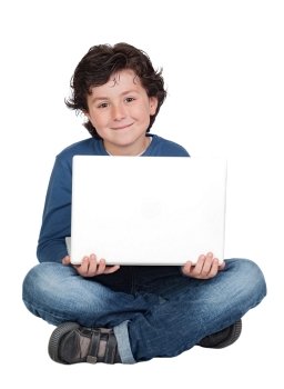 Adorable little boy sitting with laptop isolated on white.