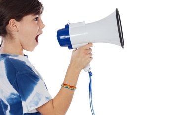 girl shouting through megaphone over white background