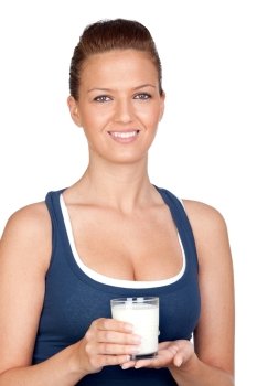 Attractive girl with glass of milk isolated on white background