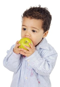 adorable baby eating an apple a over white background