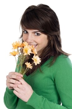 attractive girl with flowers a over white background