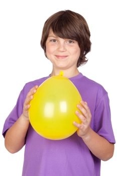 Funny kid with a yellow balloon isolated on a white background