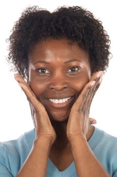 African American woman smiling a over white background