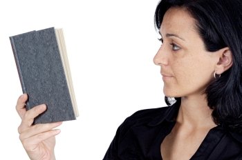young woman reading a book a over white background