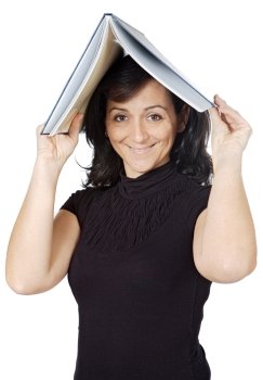 attractive lady with a book in the head a over white background