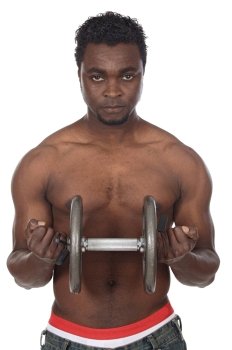 Athlete man lifting a gym weight over white background