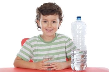 Child drinking water a over white background