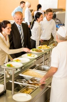 Business people take lunch meal in cafeteria display cabinet