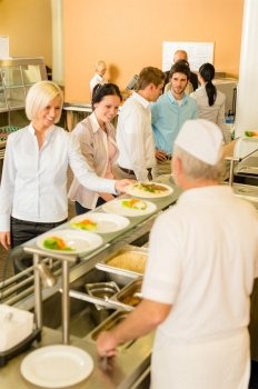 Business people take lunch meal in cafeteria display cabinet