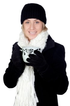 Blonde woman with a white scarf drinking something hot isolated on white background