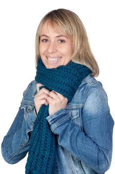 Blonde woman with a scarf isolated on white background