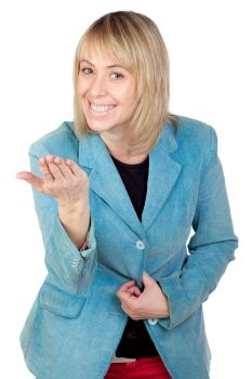 Blonde woman threatening isolated on white background