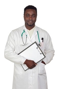 African american man doctor with clipbaord isolated on a over white background