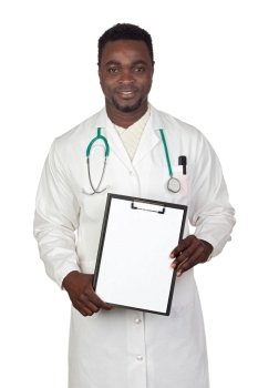 African american man doctor with clipbaord isolated on a over white background