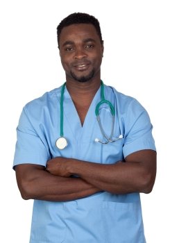 African american doctor with blue uniform isolated on a over white background